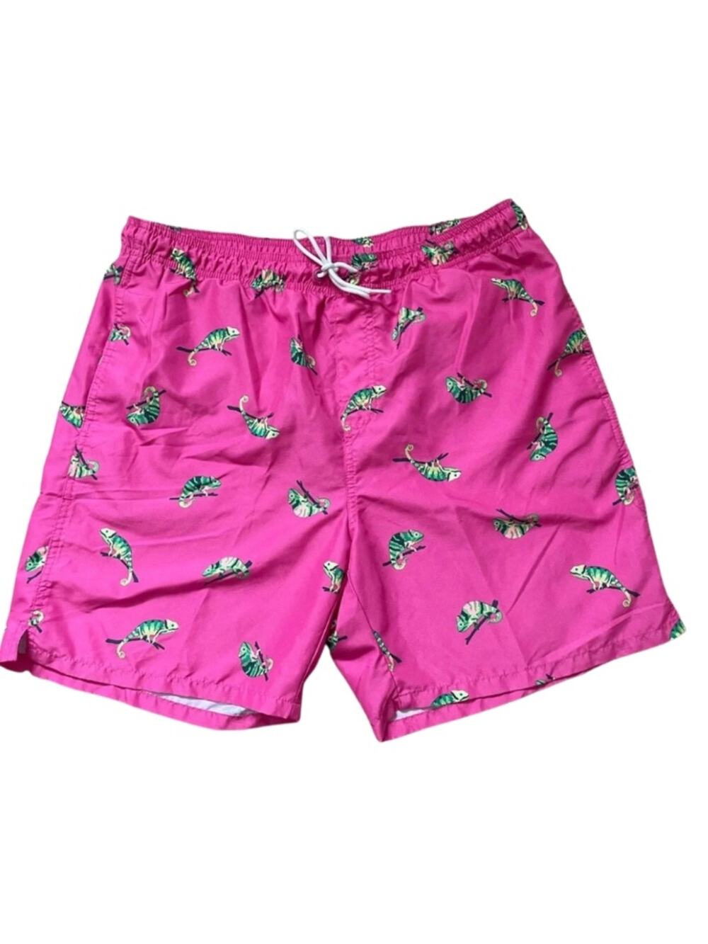 Old Navy Pink Swim Trunks with Green Chameleon Print, Men L #0143